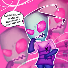 a green skined, red eyed alien with black antenna, wearing a dark purpleish-magenta uniform and black gloves, with text that says "Eurgh! Gir, that is vile and horrid!! Get it away from Zim!!"