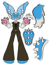 blue large eared fox fursona with a blue spikey shell, a suit, and small horns