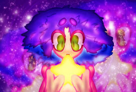 Purple and blue haired person holding a star