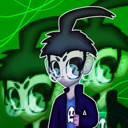 a 12 year old boy with very short brown hair, and a large cowlick that sticks up, then bends behind his head. He has glasses, a dark blue trenchcoat, and a blue shirt with a ghost on it.