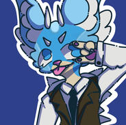 blue large eared fox fursona with a blue spikey shell, a suit, and small horns, sticking her tongue out, and doing the "metal horns" hand gesture over one of her eyes